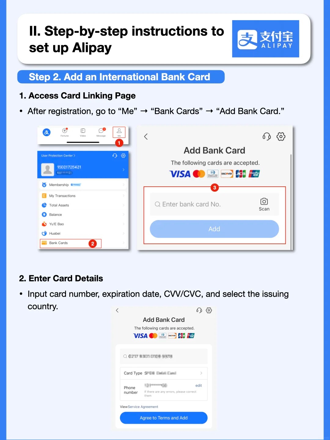 Alipay add international card screen